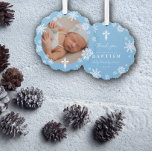 Blue Snowflakes Foto Wintertaufe Danke Ornament Karte<br><div class="desc">Schöne Wintertaufe danke Ihnen Ornamente in blau mit Schneeflocken,  ein weißes Kreuz und ein Foto Ihres Babys.</div>
