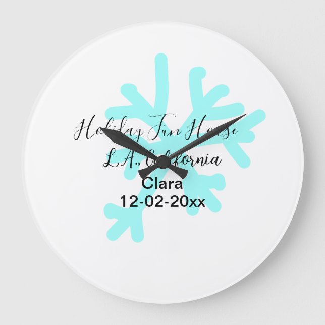 Blue snowflakes holiday camping house place date große wanduhr (Vorderseite)