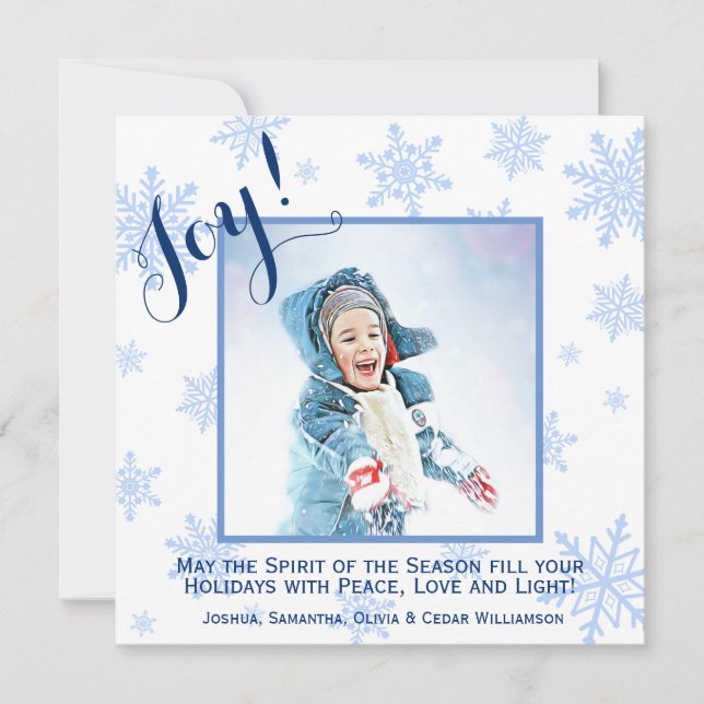 Blue Snowflakes Holiday Joy Square Foto Card (Vorderseite)