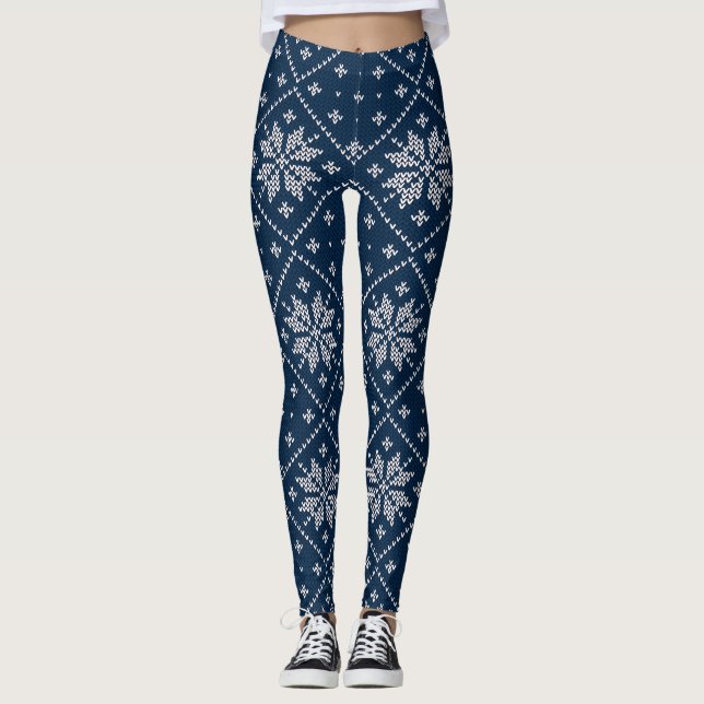 Blue Snowflakes Weihnachten Sweater Strick Pattern Leggings (Vorderseite)