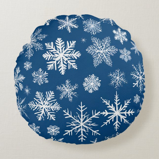 Blue Snowflakes Winter Rundes Kissen (Vorderseite)