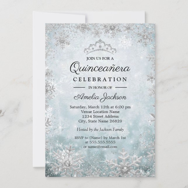 Blue Snowflakes Winter Wonderland Quinceanera Einladung (Vorderseite)