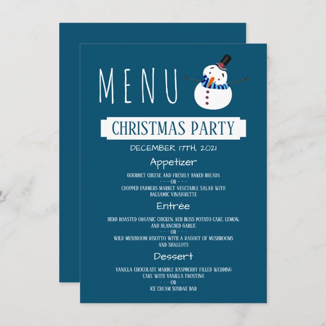 Blue Snowman, Christmas Party Menu Einladung (Vorne/Hinten)