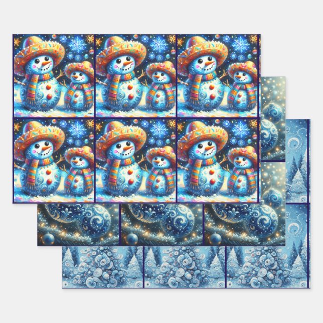 Blue Snowman Christmas Tree Baubles Decoupage Geschenkpapier Set (Set)