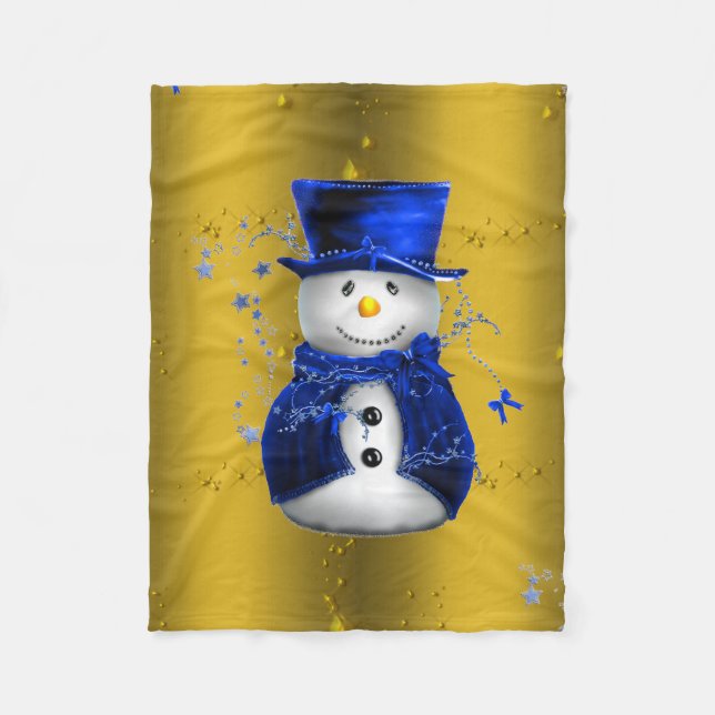 Blue Snowman on Gold Christmas Fleecedecke (Vorderseite)