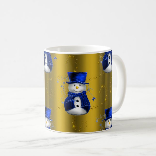 Blue Snowman on Gold Christmas Kaffeetasse (VorderseiteRechts)