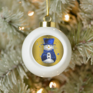 Blue Snowman on Gold Christmas Keramik Kugel-Ornament