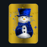 Blue Snowman on Gold Christmas Magnet<br><div class="desc">Ein niedliches und buntes Weihnachtsmuster mit Schneemännern in blauen Samthut und Westen,  auf festlichem goldenen Hintergrund mit goldenen Sternen,  um eine stilvolle und skurrile Touch zu Ihren Weihnachtsdekorationen in diesem Jahr hinzuzufügen.</div>