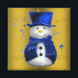 Blue Snowman on Gold Christmas Magnet<br><div class="desc">Ein niedliches und buntes Weihnachtsmuster mit Schneemännern in blauen Samthut und Westen,  auf festlichem goldenen Hintergrund mit goldenen Sternen,  um eine stilvolle und skurrile Touch zu Ihren Weihnachtsdekorationen in diesem Jahr hinzuzufügen.</div>