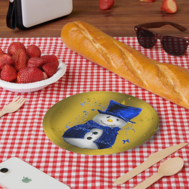 Blue Snowman on Gold Christmas Pappteller (Picknick)