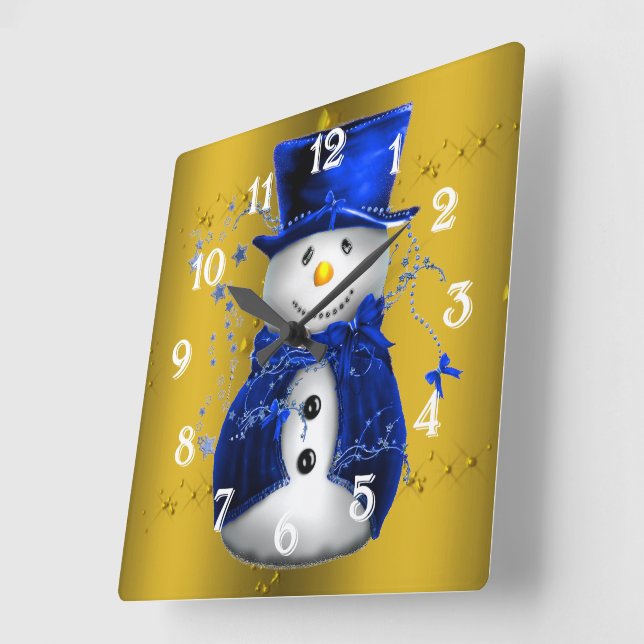 Blue Snowman on Gold Christmas Quadratische Wanduhr (Winkel)