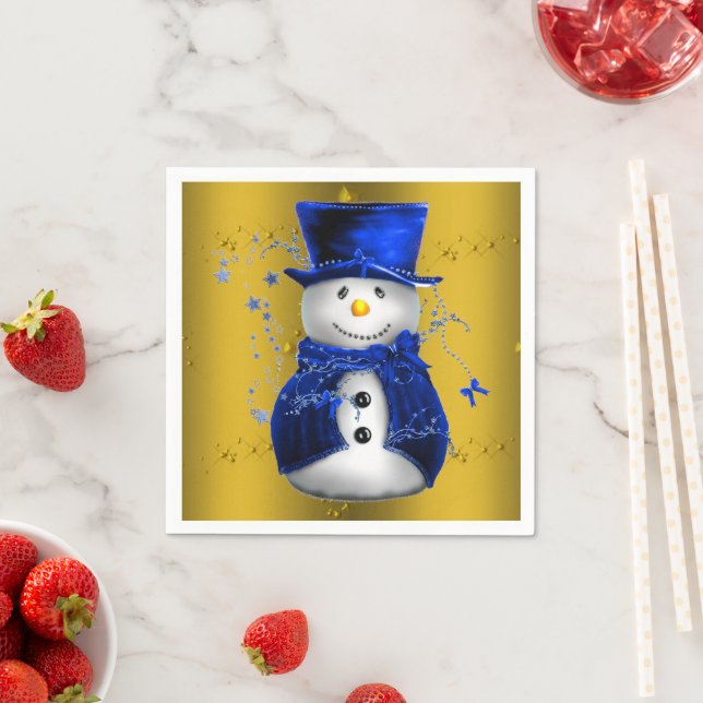 Blue Snowman on Gold Christmas Serviette (Beispiel)