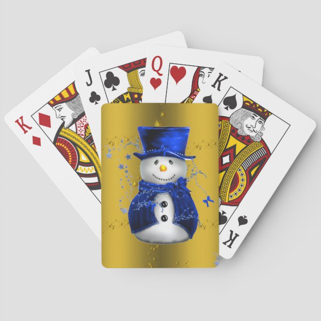 Blue Snowman on Gold Christmas Spielkarten (Rückseite)
