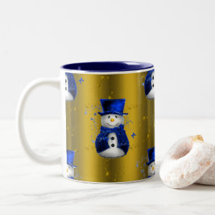 Blue Snowman on Gold Christmas Zweifarbige Tasse