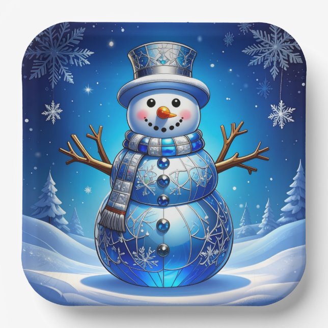 Blue Snowman Snowflakes Holiday Paper Plate Pappteller (Vorderseite)