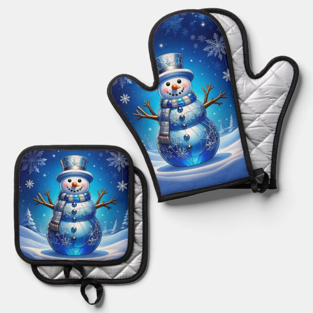 Blue Snowman Snowflakes Ofenhandschuh & Topflappen-Set (Vorderseite/Rückseite)