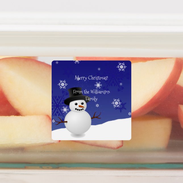 Blue Snowman Winter Szene Weihnachtsgebäck Label Etiketten (Befestigt)