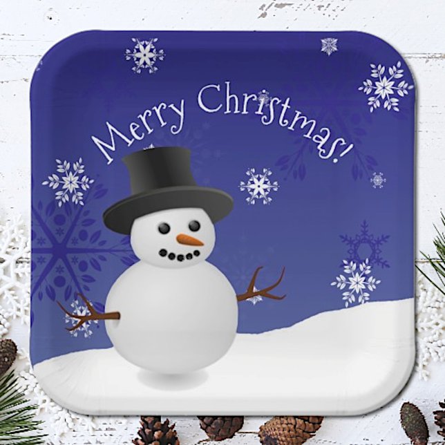 Blue Snowman Winterlandschaft Weihnachtsdruckplatt Pappteller (Blue Snowman Winter Scenery Christmas Paper Plates)