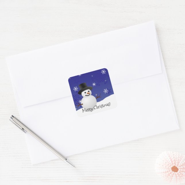 Blue Snowman Winterlandschaft Weihnachtssticker Quadratischer Aufkleber (Umschlag)