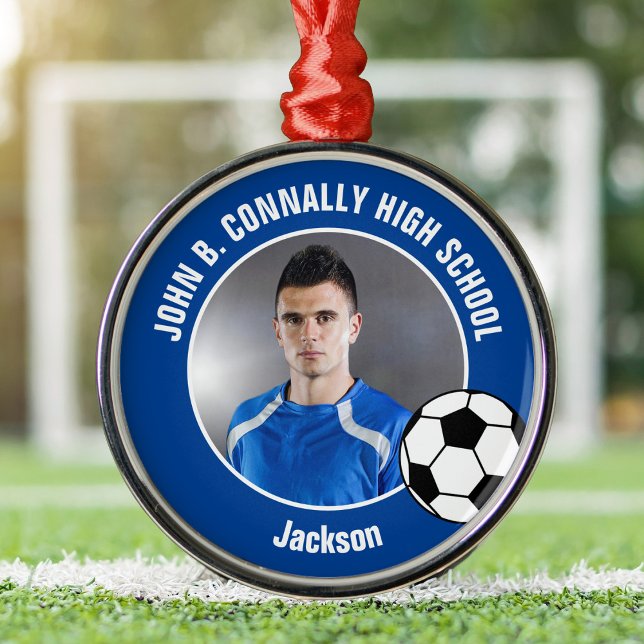 Blue Soccer Player Photo High School Christmas Ornament Aus Metall (Von Creator hochgeladen)