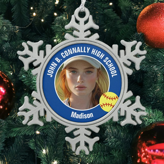 Blue Softball Player Photo High School Keepsake Schneeflocken Zinn-Ornament (Von Creator hochgeladen)