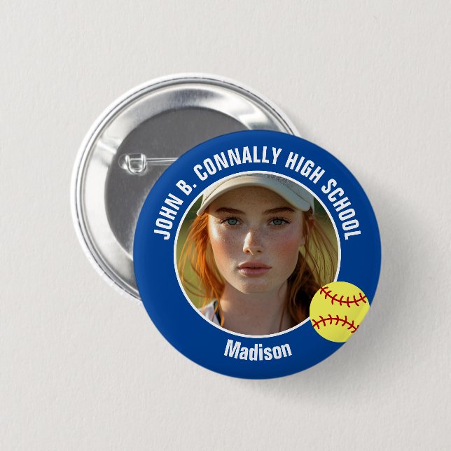 Blue Softball Player Photo High School Spirit Button (Vorne & Hinten)