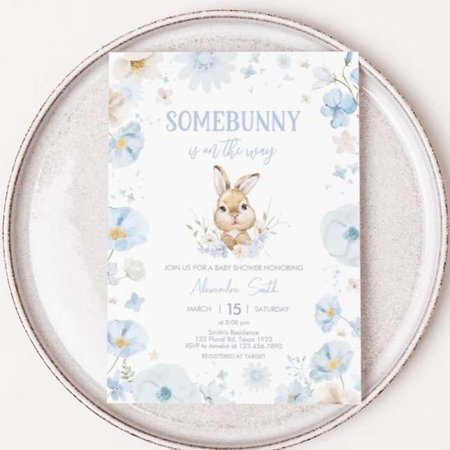 Blue Somebunny Rabbit Baby Dusche Einladung (Blue Rabbit Somebunny Baby Shower Invitation)