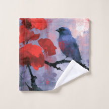 Blue Songbird with Cherry Red Blossoms