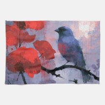 Blue Songbird with Cherry Red Blossoms