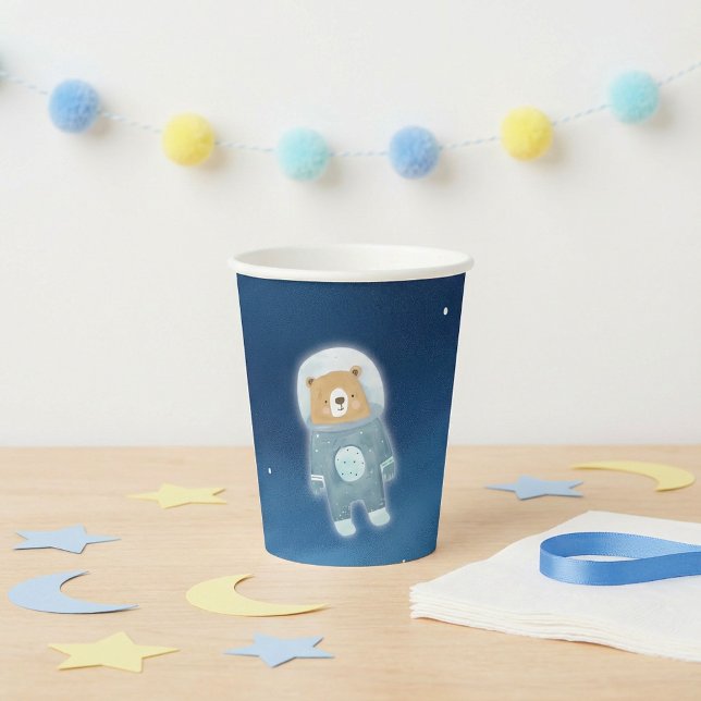 Blue Space Bear Astronaut Baby Dusche Pappbecher (Blue Space Bear Astronaut Baby Shower Paper Cups.)