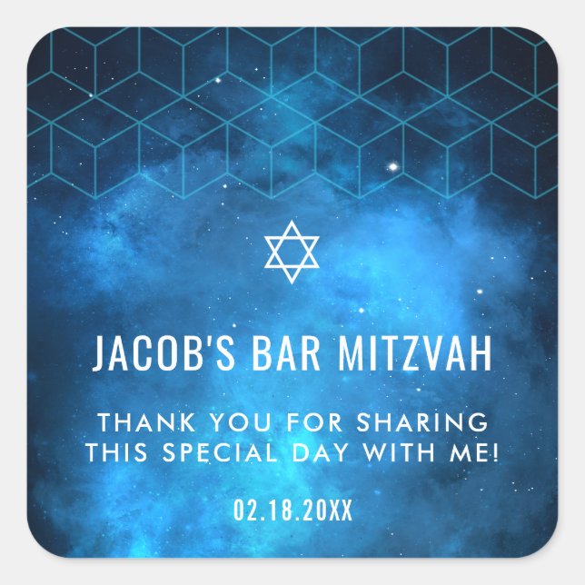 Blue Space Galaxy Bar Mitzvah Quadratischer Aufkleber (Vorderseite)