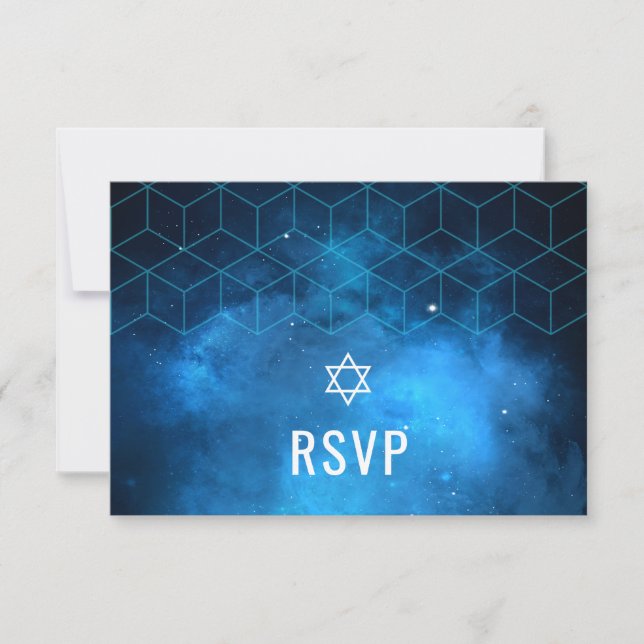 Blue Space Galaxy Bar Mitzvah UAWG RSVP Karte (Vorderseite)