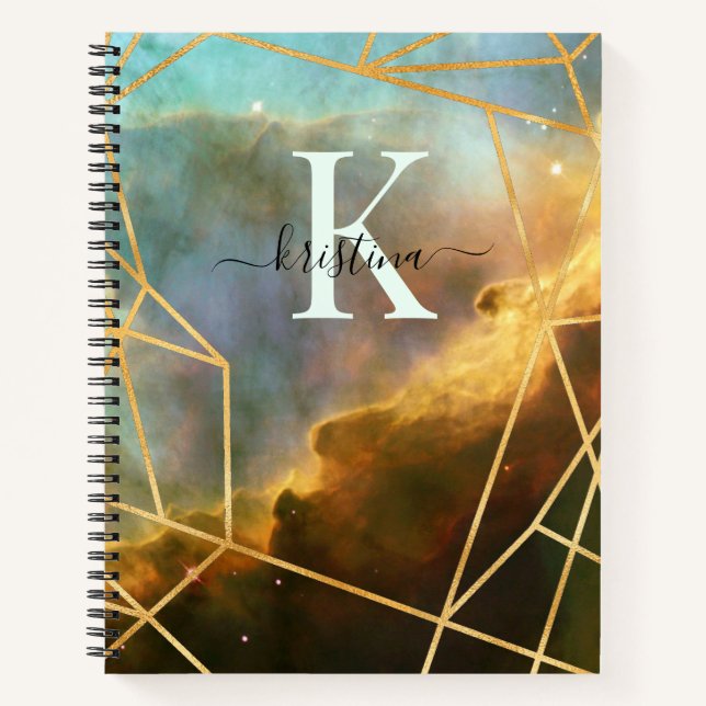 Blue Space Gold Glitzer Sparkname Monogram Notizbuch (Vorderseite)