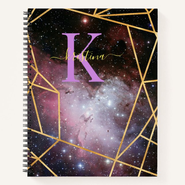 Blue Space Gold Glitzer Sparkname Monogram Notizbuch (Vorderseite)