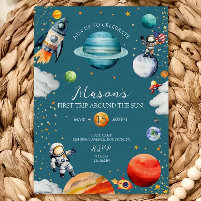 Blue Space Rocket & Astronaut 1st Trip Around Einladung (Von Creator hochgeladen)