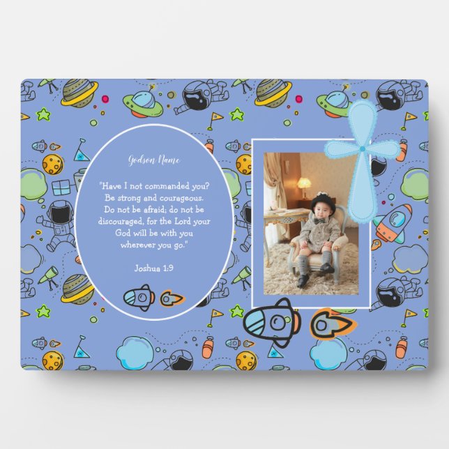 Blue Space Thema BAUTIZO FOTO Bible Verse GIFT Fotoplatte (Vorderseite)