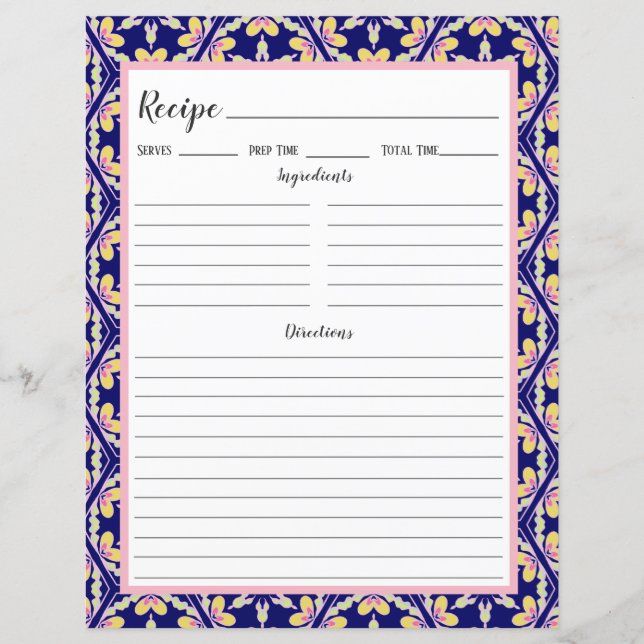 Blue Spanish Mediterrane Tile Recipi Binder Page (Vorderseite)