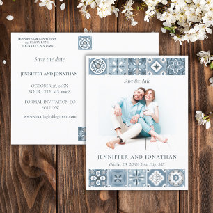 BLUE SPANISH TILES SAVE THE DATE POSTCARD POSTKARTE