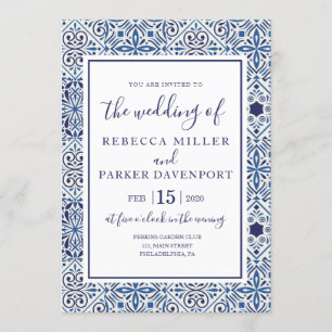Blue Spanish Tiles Wedding Einladung
