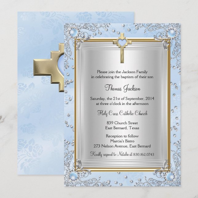 Blue Sparkle Jewel Baptisse Christening Gold Einladung (Vorne/Hinten)