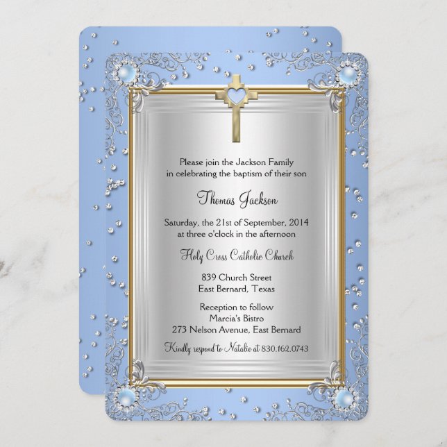 Blue Sparkle Jewel Taufe Christening Gold 2 Einladung (Vorne/Hinten)