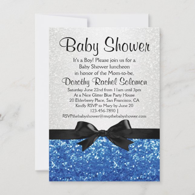 Blue Sparkle-Look Bow Boy's Baby Shower Einladung (Vorderseite)