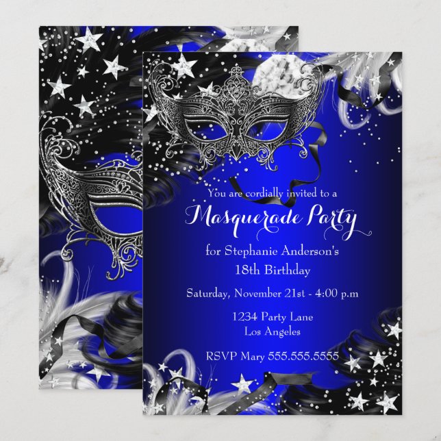 Blue Sparkle Magical Night Masquerade Party laden Einladung (Vorne/Hinten)