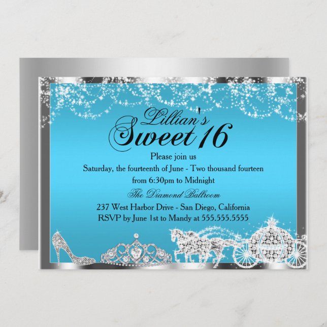 Blue Sparkle Princess Theme Sweet 16 Einladung (Vorne/Hinten)