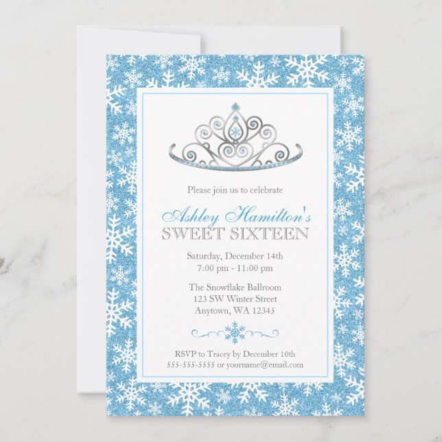 Blue Sparkle Princess Winter Wonderland Sweet 16 Einladung (Vorderseite)