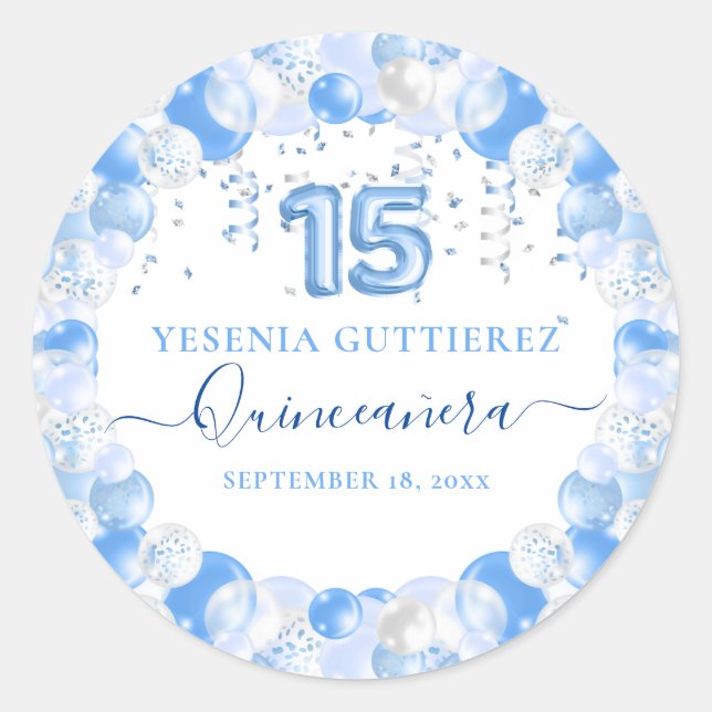 Blue Sparkle Quinceañera Balloon Runder Aufkleber (Vorderseite)