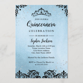 Blue Sparkle Tiara Damask Quinceanera Einladung