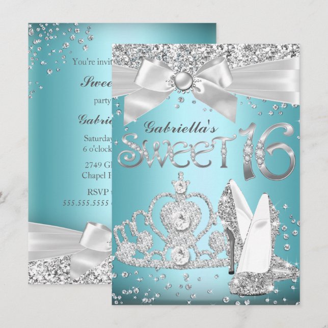 Blue Sparkle Tiara & Heelses Sweet 16 Invite Einladung (Vorne/Hinten)