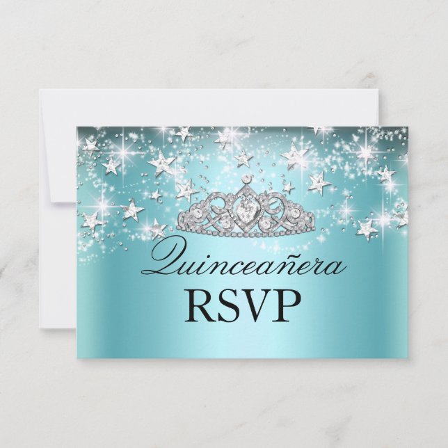 Blue Sparkle Tiara & Stars Quinceanera UAWG RSVP Karte (Vorderseite)