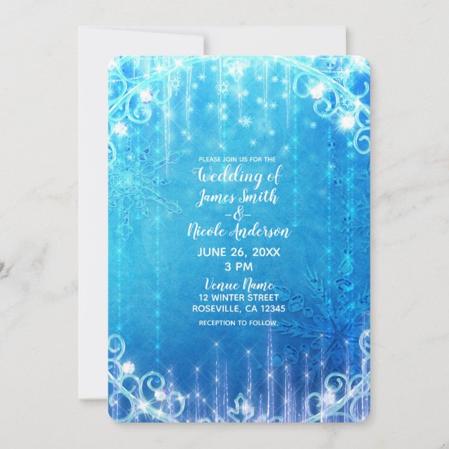 Blue Sparkling Frozen Winter Wonderland Wedding Einladung (Vorderseite)
